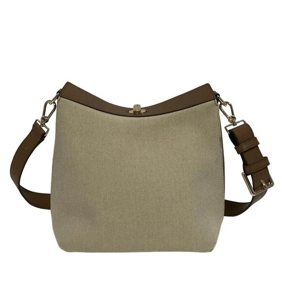 Auth FURLA - Beige Dark Brown Canvas Leather Shoulder Bag - Picture 2 of 11